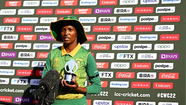 Player of the Match Ayabonga Khaka of South Africa speaks to the media after her team's victory during the 2022 ICC Women's Cricket World Cup match between Bangladesh and South Africa at University Oval on March 05, 2022 in Dunedin, New Zealand.