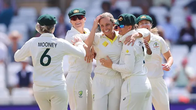 Ash Gardner of Australia celebrates the wicket of Danni Wyatt of England to win the test match during day five of the LV= Insurance Women's Ashes Test match between England and Australia