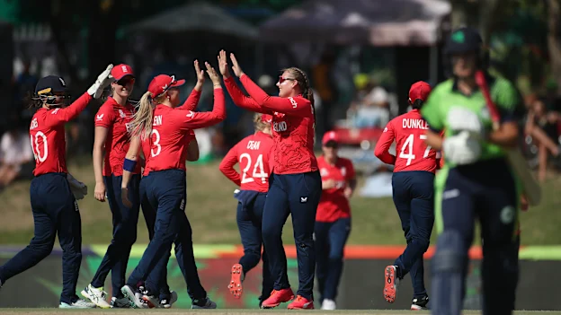 Sophie Ecclestone of England celebrates the wicket of Gaby Lewis