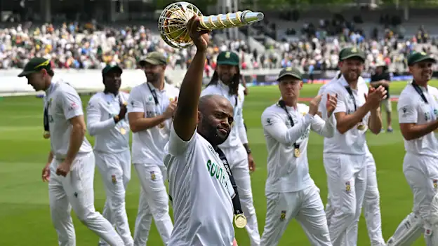 Temba Bavuma hoists the ICC World Test Championship mace