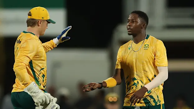 Kwena Maphaka celebrates the wicket of Ben Dwarshuis against Australia
