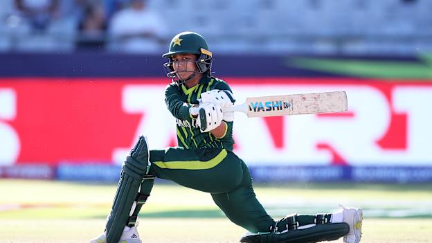 Fatima Sana of Pakistan plays a shot during the ICC Women's T20 World Cup group B match between England and Pakistan at Newlands Stadium on February 21, 2023 in Cape Town, South Africa.