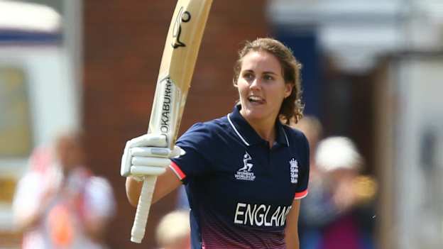 Natalie Sciver of England celebrates making her century during the ICC Women's World Cup match between England and New Zealand.