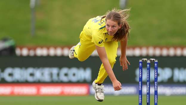 Darcie Brown of Australia bowls during the 2022 ICC Women's Cricket World Cup match between Bangladesh and Australia at Basin Reserve on March 25, 2022 in Wellington, New Zealand.