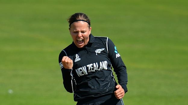 Lea Tahuhu of New Zealand celebrates the wicket of Kycia Knight of West Indies during the ICC Women's World Cup 2017 match between New Zealand and the West Indies