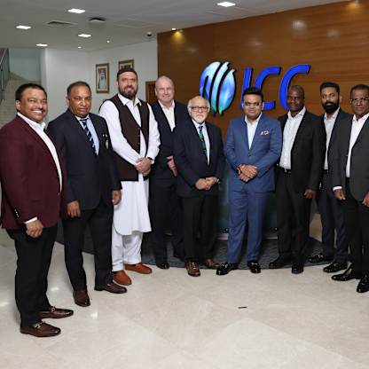 Representatives of the ICC Board gather at ICC HQ to welcome the new Chair, Jay Shah