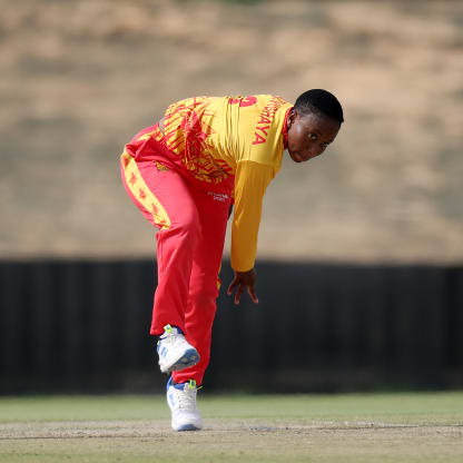 Audrey Mazvishaya of Zimbabwe bowls during the ICC Women's T20 World Cup Qualifier 2024 match between Zimbabwe and Netherlands at Tolerance Oval on May 01, 2024 in Abu Dhabi, United Arab Emirates.