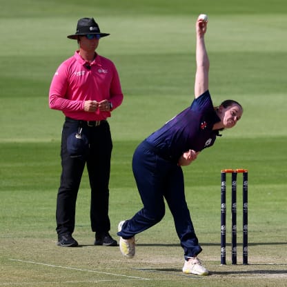 Hannah Rainey of Scotland bowls during the ICC Women's T20 World Cup Qualifier 2024 Semi-Final match between Ireland and Scotland at Zayed Cricket Stadium on May 05, 2024 in Abu Dhabi, United Arab Emirates.