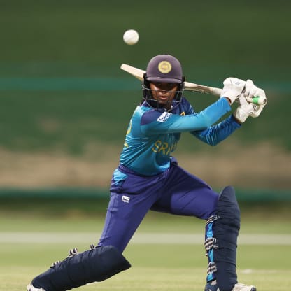 Vishmi Gunaratne of Sri Lanka plays a shot during the ICC Women's T20 World Cup Qualifier 2024 Final match between Scotland and Sri Lanka at Zayed Cricket Stadium on May 07, 2024 in Abu Dhabi, United Arab Emirates.