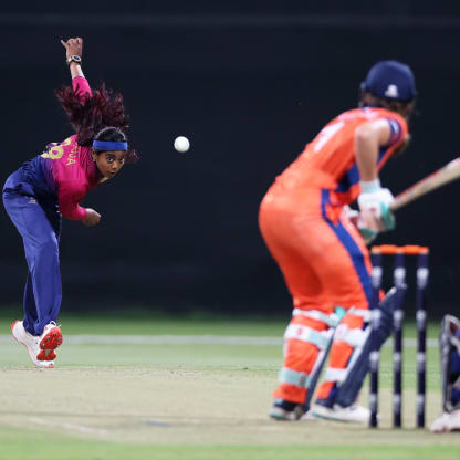 Indhuja Nandakumar of United Arab Emirates in bowling action during the ICC Women's T20 World Cup Qualifier 2024 match between Netherlands and United Arab Emirates at Zayed Cricket Stadium on April 29, 2024 in Abu Dhabi, United Arab Emirates.