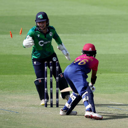 Theertha Satish of United Arab Emirates is stumped by Wicket Keeper Amy Hunter of Ireland during the ICC Women's T20 World Cup Qualifier 2024 match between Ireland and United Arab Emirates at Zayed Cricket Stadium on April 25, 2024 in Abu Dhabi, United Arab Emirates.