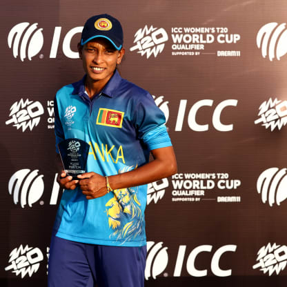 Inoshi Priyadharshani of Sri Lanka poses for a photograph with the Player of the Match award after the ICC Women's T20 World Cup Qualifier 2024 match between Sri Lanka and Thailand at Tolerance Oval on April 25, 2024 in Abu Dhabi, United Arab Emirates.