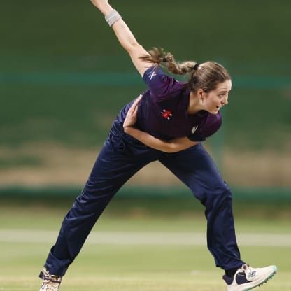 Rachel Slater of Scotland in bowling action during the ICC Women's T20 World Cup Qualifier 2024 Final match between Scotland and Sri Lanka at Zayed Cricket Stadium on May 07, 2024 in Abu Dhabi, United Arab Emirates.