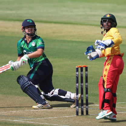 Amy Hunter of Ireland plays a shot as Modester Mupachikwa of Zimbabwe keeps during the ICC Women's T20 World Cup Qualifier 2024 match between Ireland and Zimbabwe at Zayed Cricket Stadium on April 29, 2024 in Abu Dhabi, United Arab Emirates.