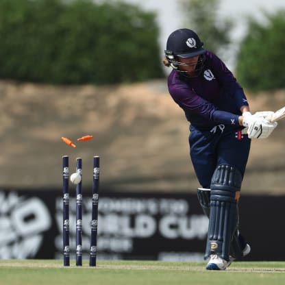 Saskia Horley of Scotland is bowled by Isani Vaghela of USA during the ICC Women's T20 World Cup Qualifier 2024 match between USA and Scotland at Tolerance Oval on April 29, 2024 in Abu Dhabi, United Arab Emirates.