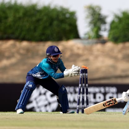 Hansima Karunaratne of Sri Lanka is stumped by Wicket Keeper Nannapat Koncharoenkai of Thailand during the ICC Women's T20 World Cup Qualifier 2024 match between Sri Lanka and Thailand at Tolerance Oval on April 25, 2024 in Abu Dhabi, United Arab Emirates.