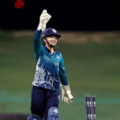 Nannapat Khoncharoenkai of Thailand celebrates taking the wicket of Pooja Ganesh of USA