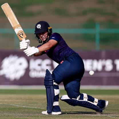 Megan McColl of Scotland bats during the ICC Women's T20 World Cup Qualifier 2024 Semi-Final match between Ireland and Scotland at Zayed Cricket Stadium on May 05, 2024 in Abu Dhabi, United Arab Emirates.