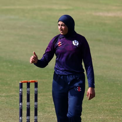 Abtaha Maqsood of Scotland reacts during the ICC Women's T20 World Cup Qualifier 2024 Semi-Final match between Ireland and Scotland at Zayed Cricket Stadium on May 05, 2024 in Abu Dhabi, United Arab Emirates.