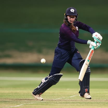 Katherine Fraser of Scotland plays a shot during the ICC Women's T20 World Cup Qualifier 2024 Final match between Scotland and Sri Lanka at Zayed Cricket Stadium on May 07, 2024 in Abu Dhabi, United Arab Emirates.