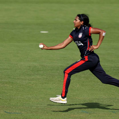 Isani Vaghela of USA in bowling action during the ICC Women's T20 World Cup Qualifier 2024 match between USA and Scotland at Tolerance Oval on April 29, 2024 in Abu Dhabi, United Arab Emirates.