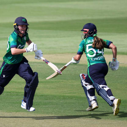 Gaby Lewis and Amy Hunter of Ireland run between the wickets during the ICC Women's T20 World Cup Qualifier 2024 match between Ireland and Zimbabwe at Zayed Cricket Stadium on April 29, 2024 in Abu Dhabi, United Arab Emirates.