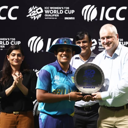 Chamari Athapaththu of Sri Lanka poses with the ICC Women's T20 World Cup Qualifier 2024 Trophy following the ICC Women's T20 World Cup Qualifier 2024 Final match between Scotland and Sri Lanka at Zayed Cricket Stadium on May 07, 2024 in Abu Dhabi, United Arab Emirates.