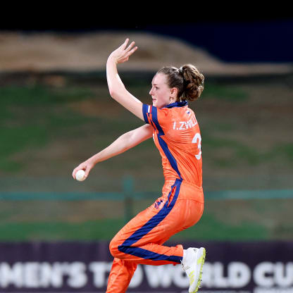 Iris Zwilling of the Netherlands bowls during the ICC Women's T20 World Cup Qualifier 2024 match between Netherlands and Ireland at Zayed Cricket Stadium on May 03, 2024 in Abu Dhabi, United Arab Emirates.