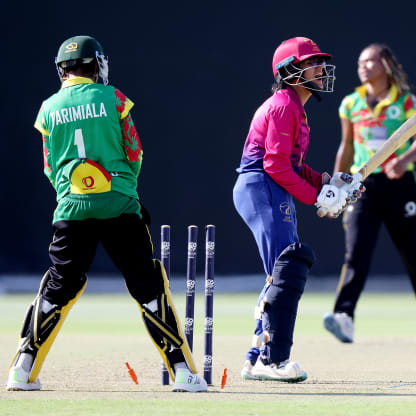 Heena Hotchandani of United Arab Emirates reacts after being bowled out by Nasimana Navaika of Vanuatu during the ICC Women's T20 World Cup Qualifier 2024 match between United Arab Emirates and Vanuatu at Zayed Cricket Stadium on May 03, 2024 in Abu Dhabi, United Arab Emirates.