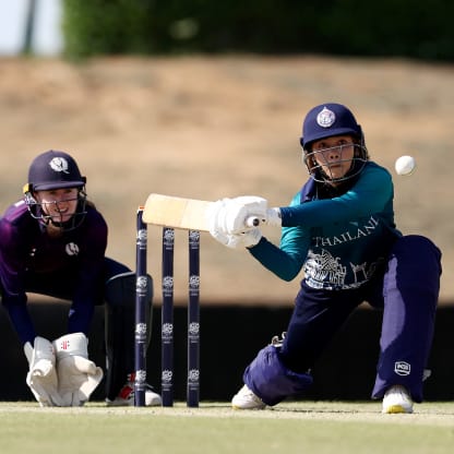 Chanida Sutthiruang of Thailand bats during the ICC Women's T20 World Cup Qualifier 2024 match between Thailand and Scotland at Tolerance Oval on May 03, 2024 in Abu Dhabi, United Arab Emirates.