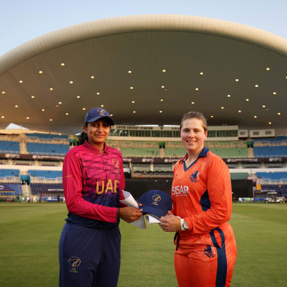 Esha Oza of United Arab Emirates and Heather Siegers of Netherlands pose for a photo ahead of ICC Women's T20 World Cup Qualifier 2024 match between Netherlands and United Arab Emirates at Zayed Cricket Stadium on April 29, 2024 in Abu Dhabi, United Arab Emirates.