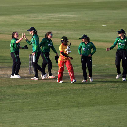 Players of Ireland and Zimbabwe shake hands following the ICC Women's T20 World Cup Qualifier 2024 match between Ireland and Zimbabwe at Zayed Cricket Stadium on April 29, 2024 in Abu Dhabi, United Arab Emirates.