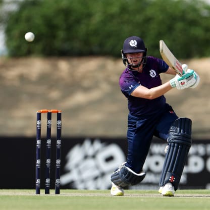 Kathryn Bryce of Scotland plays a shot during the ICC Women's T20 World Cup Qualifier 2024 match between USA and Scotland at Tolerance Oval on April 29, 2024 in Abu Dhabi, United Arab Emirates.