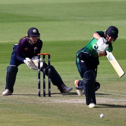 Leah Paul of Ireland bats during the ICC Women's T20 World Cup Qualifier 2024 Semi-Final match between Ireland and Scotland at Zayed Cricket Stadium on May 05, 2024 in Abu Dhabi, United Arab Emirates.