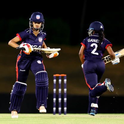 Pooja Shah and Pooja Ganesh of USA make runs during the ICC Women's T20 World Cup Qualifier 2024 match between USA and Sri Lanka at Tolerance Oval on May 03, 2024 in Abu Dhabi, United Arab Emirates.