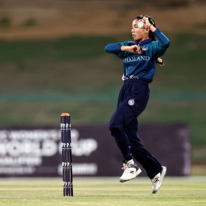 Thipatcha Putthawong of Thailand bowls during the ICC Women's T20 World Cup Qualifier 2024 match between Thailand and USA at Zayed Cricket Stadium on May 01, 2024 in Abu Dhabi, United Arab Emirates.