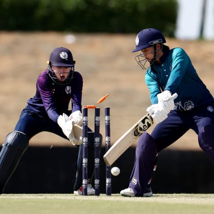 Nannapat Koncharoenkai of Thailand is bowled out by Abtaha Maqsood of Scotland.