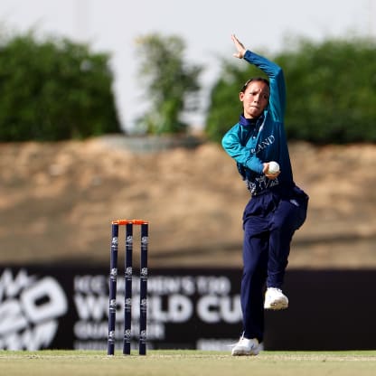 Sunida Chaturongrattana of Thailand bowls during the ICC Women's T20 World Cup Qualifier 2024 match between Sri Lanka and Thailand at Tolerance Oval on April 25, 2024 in Abu Dhabi, United Arab Emirates.