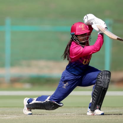 Kavisha Egodage of United Arab Emirates bats during the ICC Women's T20 World Cup Qualifier 2024 match between United Arab Emirates and Vanuatu at Zayed Cricket Stadium on May 03, 2024 in Abu Dhabi, United Arab Emirates.