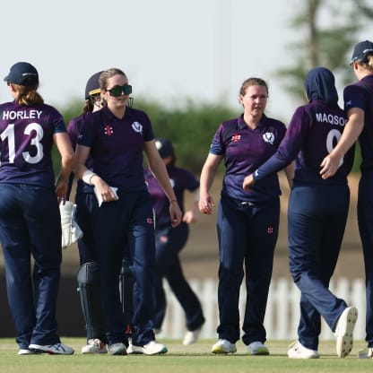 Kathryn Bryce of Scotland celebrates the wicket of Sindhu Sriharsha of USA during the ICC Women's T20 World Cup Qualifier 2024 match between USA and Scotland at Tolerance Oval on April 29, 2024 in Abu Dhabi, United Arab Emirates.