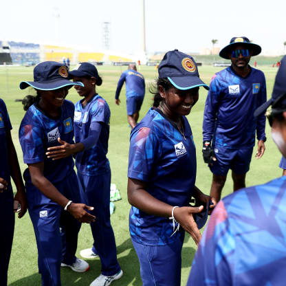 Shashini Gimhani of Sri Lanka shakes hands with with teammates before making her debut during the ICC Women's T20 World Cup Qualifier 2024 match between Sri Lanka and Uganda at Zayed Cricket Stadium on May 01, 2024 in Abu Dhabi, United Arab Emirates.