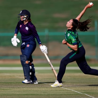 Ava Canning of Ireland bowls during the ICC Women's T20 World Cup Qualifier 2024 Semi-Final match between Ireland and Scotland at Zayed Cricket Stadium on May 05, 2024 in Abu Dhabi, United Arab Emirates.