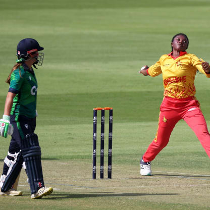 Francisca Chipare of Zimbabwe in bowling action during the ICC Women's T20 World Cup Qualifier 2024 match between Ireland and Zimbabwe at Zayed Cricket Stadium on April 29, 2024 in Abu Dhabi, United Arab Emirates.