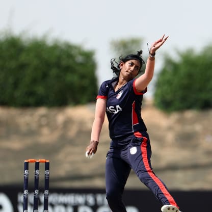 Geetika Kodali of USA in bowling action during the ICC Women's T20 World Cup Qualifier 2024 match between USA and Scotland at Tolerance Oval on April 29, 2024 in Abu Dhabi, United Arab Emirates.