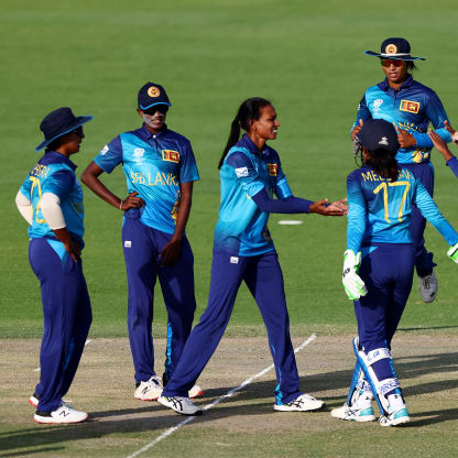 Players of Sri Lanka celebrate after taking the wicket of Suwanan Khiaoto of Thailand (not pictured) during the ICC Women's T20 World Cup Qualifier 2024 match between Sri Lanka and Thailand at Tolerance Oval on April 25, 2024 in Abu Dhabi, United Arab Emirates.