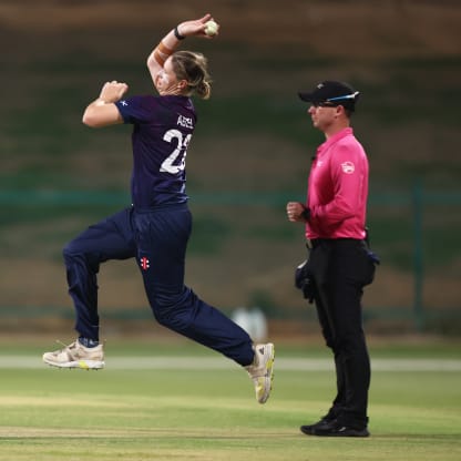 Chloe Abel of Scotland in bowling action during the ICC Women's T20 World Cup Qualifier 2024 Final match between Scotland and Sri Lanka at Zayed Cricket Stadium on May 07, 2024 in Abu Dhabi, United Arab Emirates.