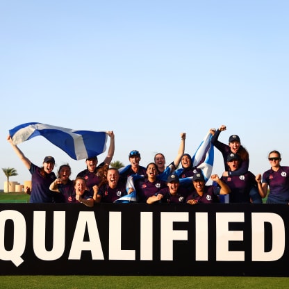 Players of Scotland celebrate victory and qualification following the ICC Women's T20 World Cup Qualifier 2024 Semi-Final match between Ireland and Scotland at Zayed Cricket Stadium on May 05, 2024 in Abu Dhabi, United Arab Emirates.