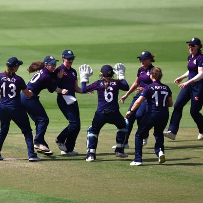 Players of Scotland celebrate the dismissal of Orla Prendergast of Ireland during the ICC Women's T20 World Cup Qualifier 2024 Semi-Final match between Ireland and Scotland at Zayed Cricket Stadium on May 05, 2024 in Abu Dhabi, United Arab Emirates.