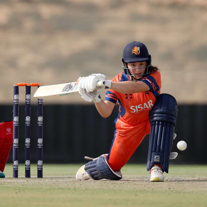 Robine Rijke of the Netherlands bats during the ICC Women's T20 World Cup Qualifier 2024 match between Zimbabwe and Netherlands at Tolerance Oval on May 01, 2024 in Abu Dhabi, United Arab Emirates.