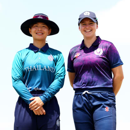 Naruemol Chaiwai, Captain of Thailand, poses for a photograph with Kathryn Bryce, Captain of Scotland, prior to the ICC Women's T20 World Cup Qualifier 2024 match between Thailand and Scotland at Tolerance Oval on May 03, 2024 in Abu Dhabi, United Arab Emirates.